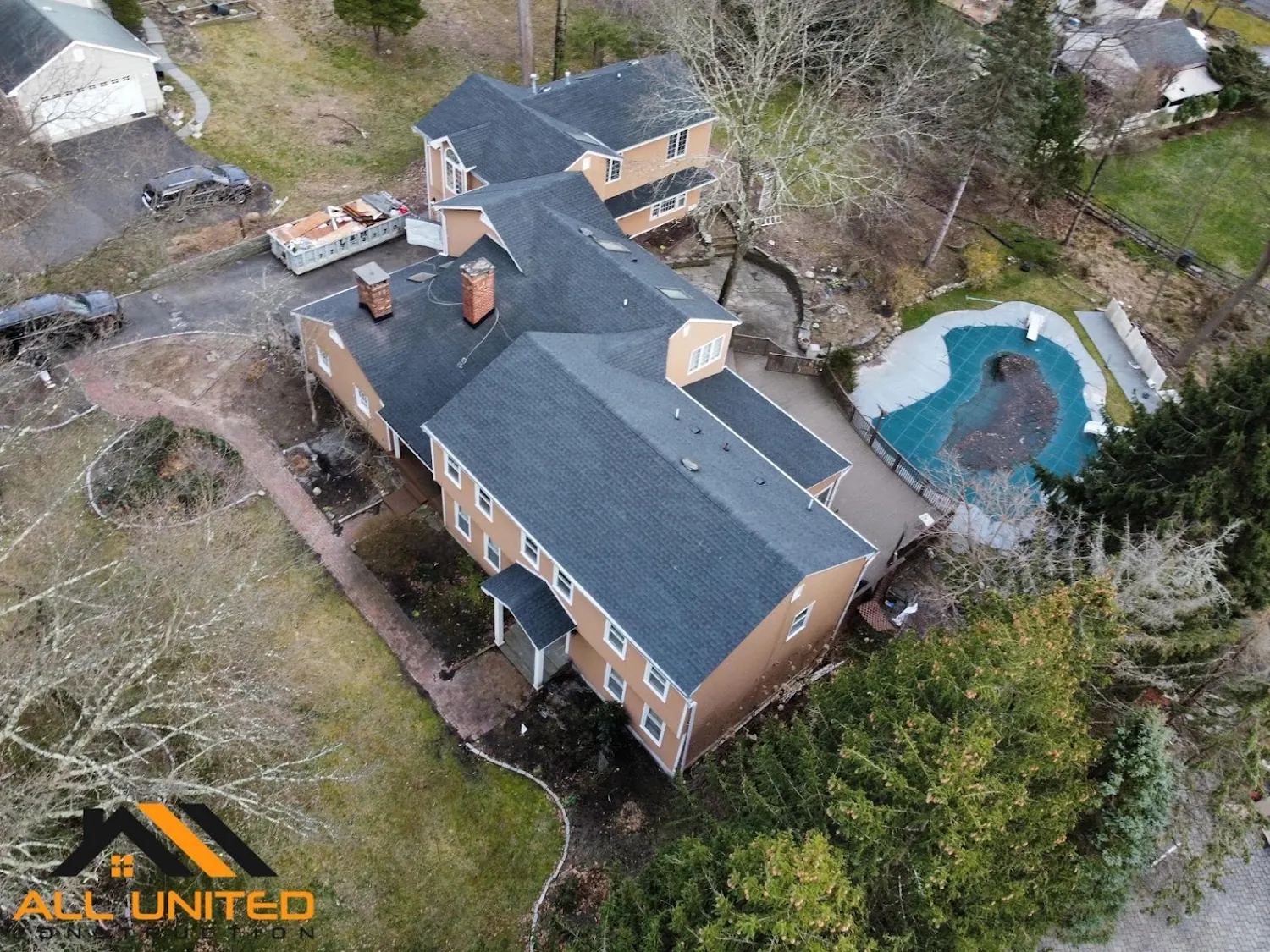 Aerial view of residential roof replacement by All United Construction in New Jersey